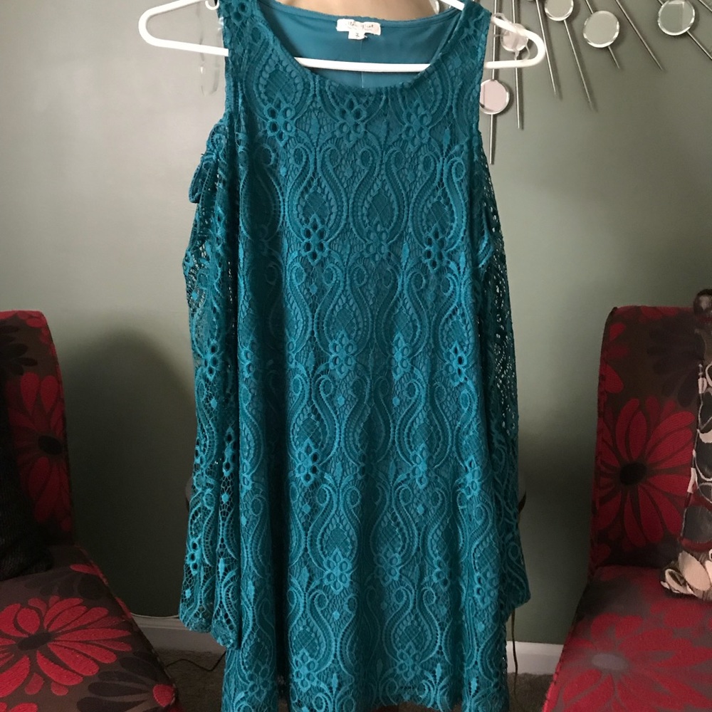 Teal lace open shoulder long sleeve dress